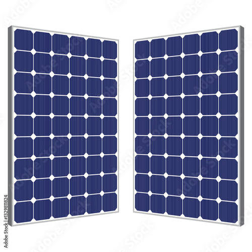 Two blue solar panels with photovoltaic cells, framed in silver, angled slightly, designed for energy generation.