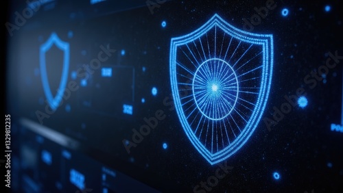 Digital shield glowing in dark futuristic interface representing cybersecurity technology