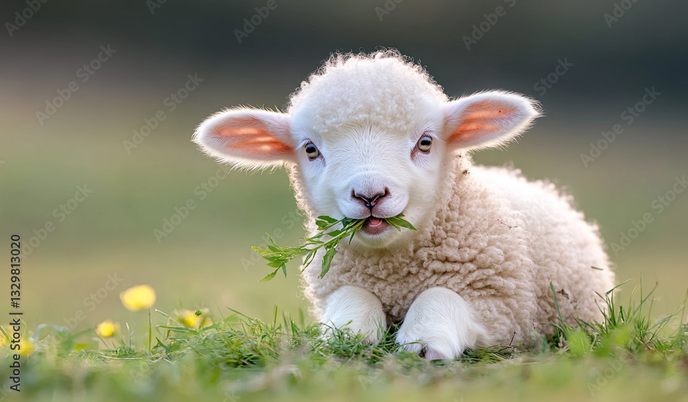 cute baby lamb eating grass in green meadow cute baby lamb eating grass in green meadow