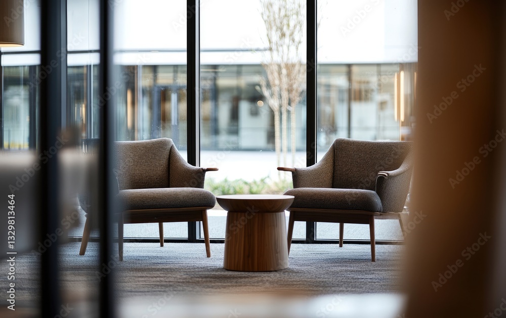 Fototapeta premium Two Patterned Armchairs With Round Wooden Table In Modern Lobby With Glass Exterior Wall