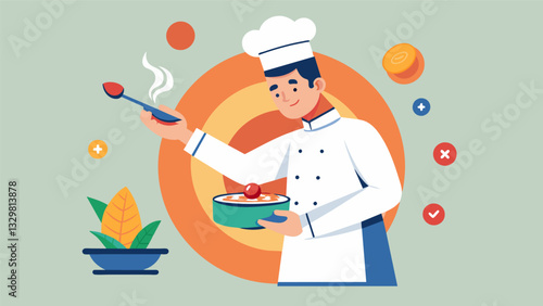 Drawing from a database of customer preferences a chef creates a new dish that perfectly aligns with the taste preferences of the restaurants target audience.. Vector illustration
