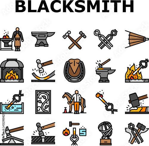 blacksmith forge anvil hammer icons set vector