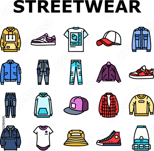 streetwear cloth fashion urban icons set vector