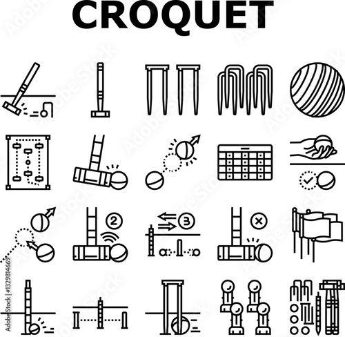 croquet mallet game ball icons set vector