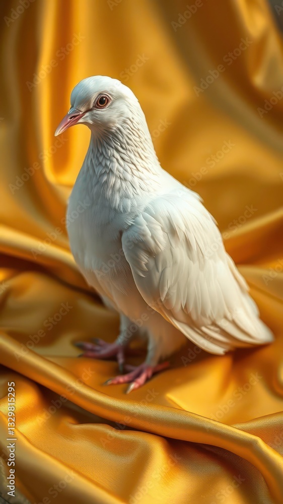 Fototapeta premium White Pigeon Gracefully Resting on a Rich Golden Silk Cloth with Warm Lighting
