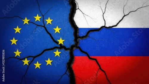 Cracked flag and political tension between european union and russia