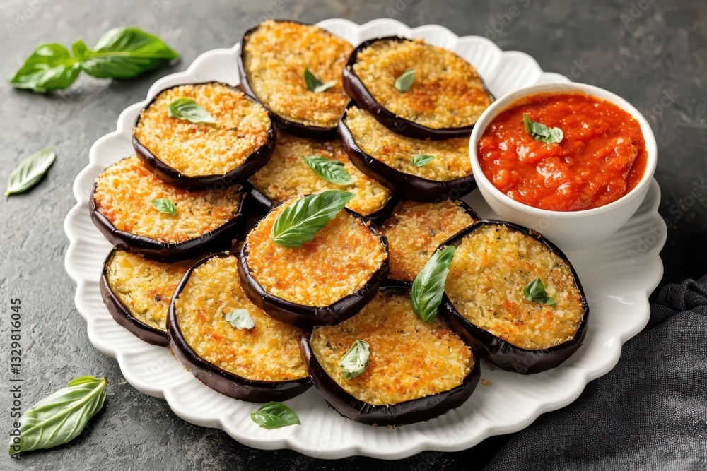 A plate of crispy fried eggplant slices garnished with basil, served with a bowl of rich marinara sauce. A plate of crispy fried eggplant slices garnished with basil, served with a bowl of rich marinara sauce.