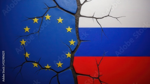 Cracked flags of eu and russia symbolizing political tension and division