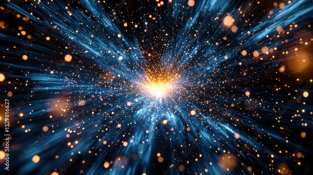 Cosmic explosion, radiating energy, particles in motion Cosmic explosion, radiating energy, particles in motion