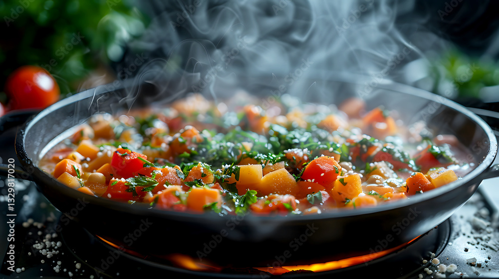 Fresh Vegetable Stew Cooking in a Cast Iron Pan with Steam Rising Fresh Vegetable Stew Cooking in a Cast Iron Pan with Steam Rising