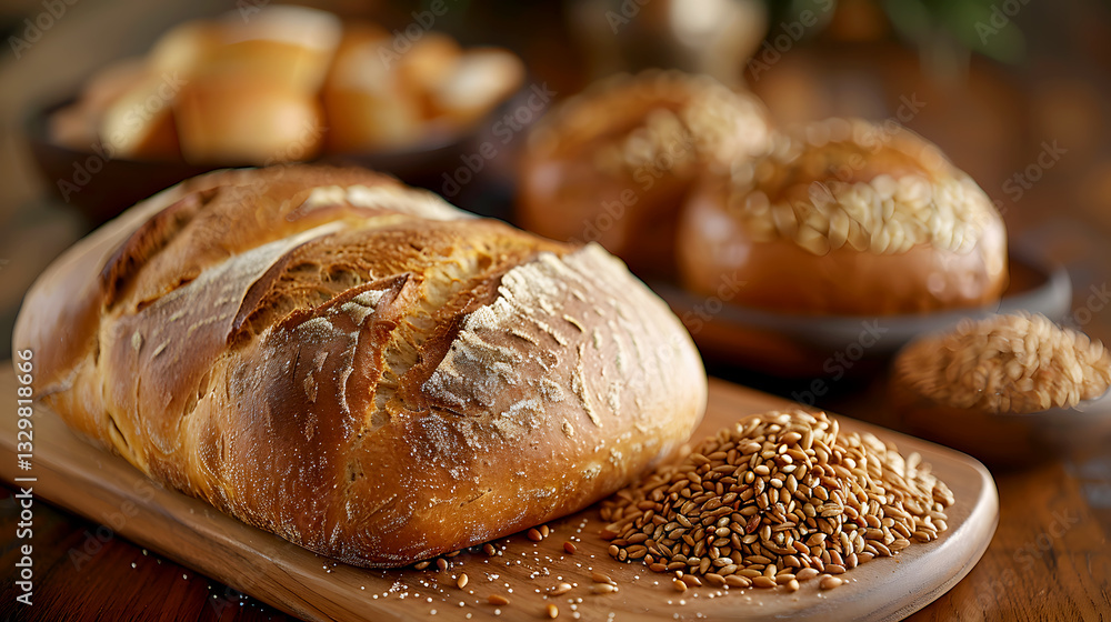 Freshly Baked Bread with Whole Grains and Rustic Background Freshly Baked Bread with Whole Grains and Rustic Background