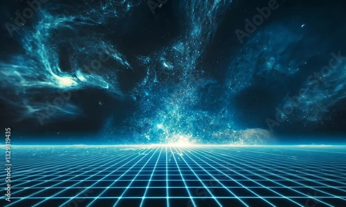Cosmic expanse over a grid floor, featuring ethereal blue nebulae and a distant light source