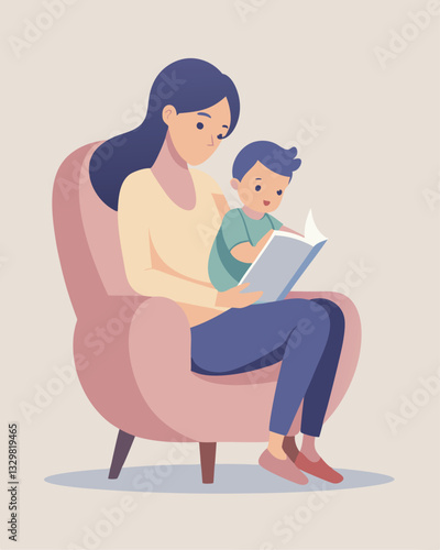 Cozy Mother's Day: Mom Reading to Baby in Armchair Book Love Care Flat