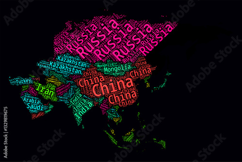 Asia Word Cloud. Bright neon style design on dark background. Region names text cloud. Boundary shape with administrative division. Modern vector illustration.