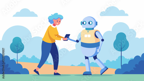 A care robot accompanies an elderly woman on a walk outside reminding her to stay hydrated offering a supportive arm and keeping track of her route and distance traveled.. Vector illustration