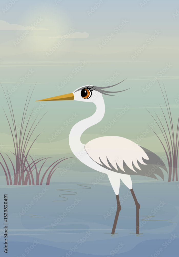 Obraz premium Vector birds. A heron stands on a foggy swamp. Animals collection.