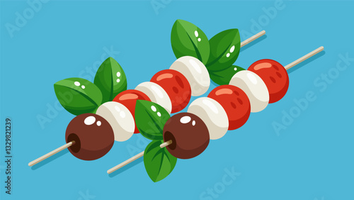 Caprese salad skewers with fresh cherry tomatoes mozzarella and basil drizzled with balsamic glaze.. Vector illustration