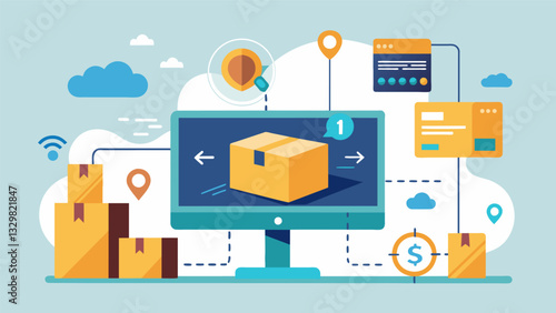 As the package is shipped updates are sent from the shipping companys system to the ecommerce database providing realtime information to the customer.. Vector illustration