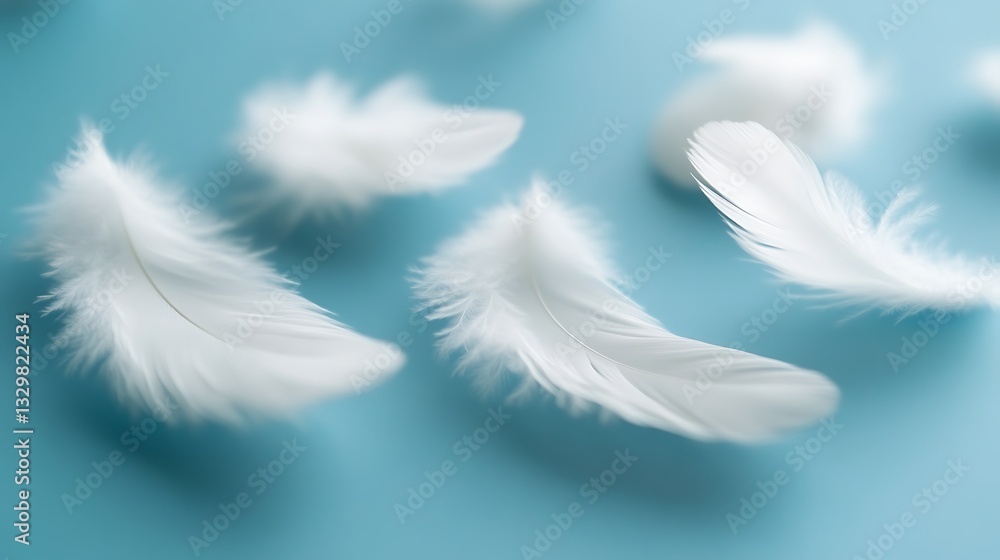 Fototapeta premium Delicate White Feathers Float Gently On Blue