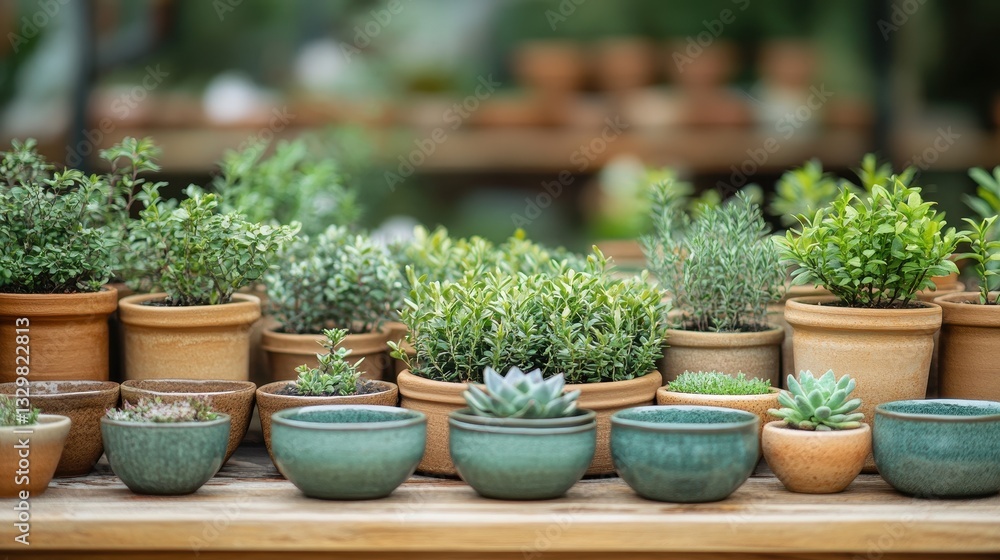 Greenhouse succulents and herbs in terracotta pots Greenhouse succulents and herbs in terracotta pots