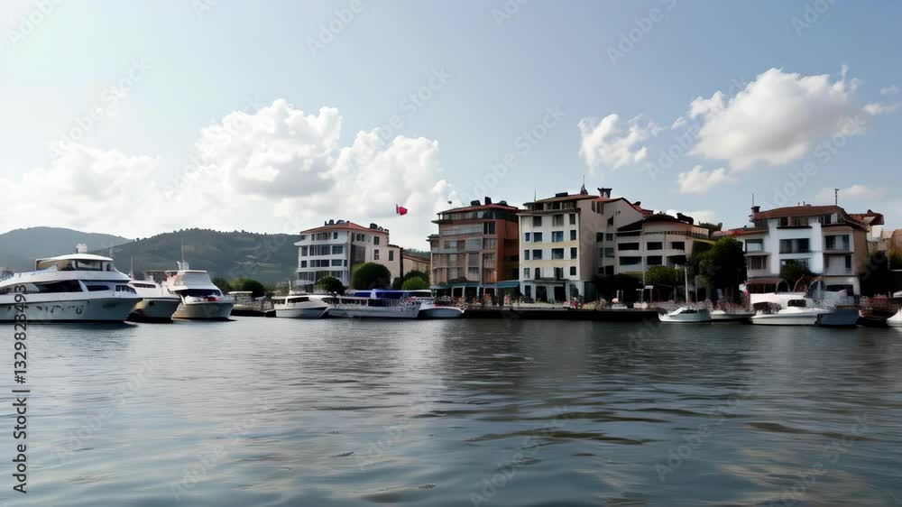 Marina with yachts and waterfront buildings on a sunny day. Marina with yachts and waterfront buildings on a sunny day.