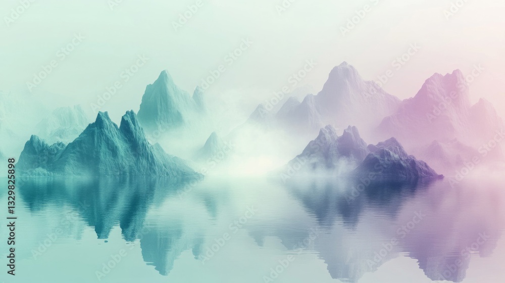 Fototapeta premium Misty Mountain Peaks Reflected in Teal Water