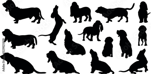 Basset hound dog silhouette vector illustration set