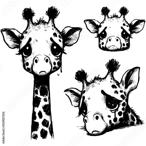 Lonely giant giraffe cry sadness line art drawing ink sketch vector hand drawn illustration background
