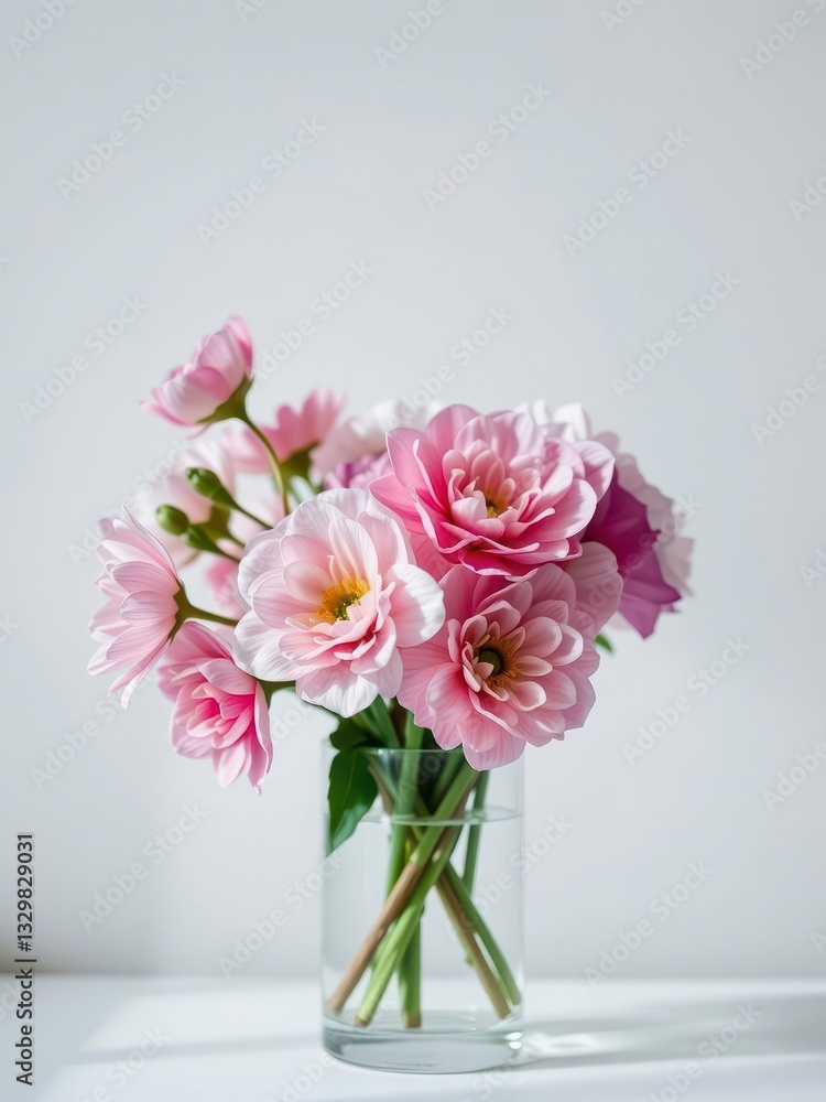Fototapeta premium Pink and White Blooms in a Simple Glass Vase, Illuminated by Soft, Diffused Light