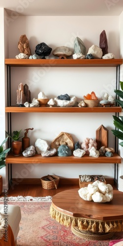 Wallpaper Mural  Raw Gemstones and Crystals Arranged on Wooden Shelves for a Boho Living Room Vibe Torontodigital.ca