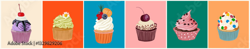 Set of cupcakes. Delicious pastries with vanilla, chocolate, whipped cream, berries, fruits. Sweet sugar desserts. Colored vector illustration isolated on colorful background.
