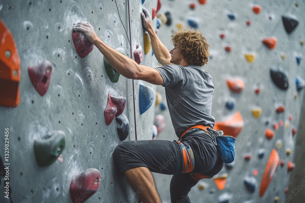 Fototapeta premium Strong male climber indoor rock climbing wall exercise man gym grey grit sport power focus hobby
