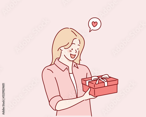 beautiful young woman with gift box. Hand drawn style vector design illustrations.