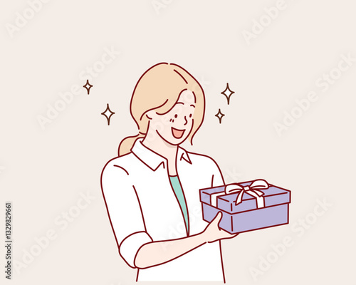 beautiful young woman with gift box. Hand drawn style vector design illustrations.