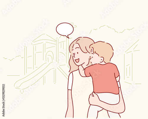 A mother is carrying her child to the playground. Hand drawn style vector design illustrations.