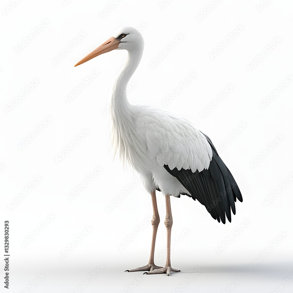 Obraz premium A majestic white stork stands elegantly against a pure white background. Its long neck and striking black and white plumage make for a beautiful sight.. Detailed Animal isolated on white background