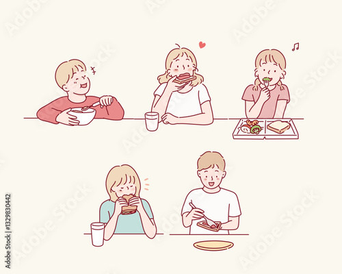 Cute kids students having lunch together. Hand drawn style vector design illustrations.