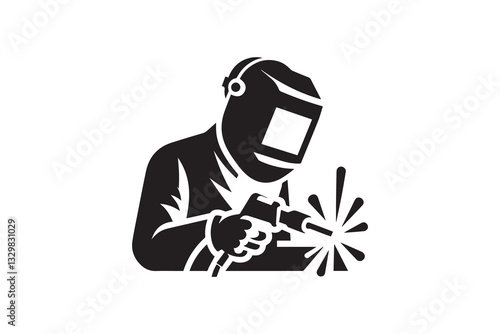 welder man silhouette vector illustration in black and white, set against a white background