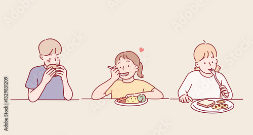 Cute kids students having lunch together. Hand drawn style vector design illustrations.