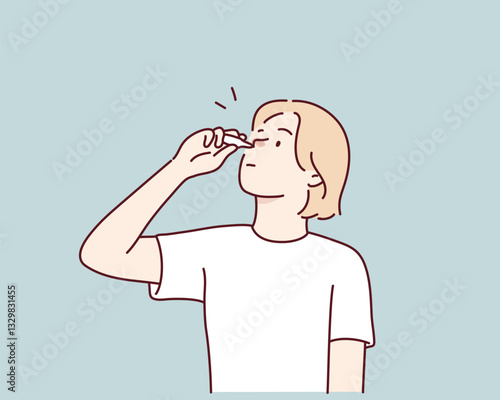 Unhealthy woman suffer from rhinitis put medical drops into nose. Unwell female with runny nose take medication. Hand drawn style vector design illustrations.