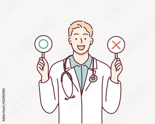 Male doctor with a right and wrong sign. Hand drawn style vector design illustrations.