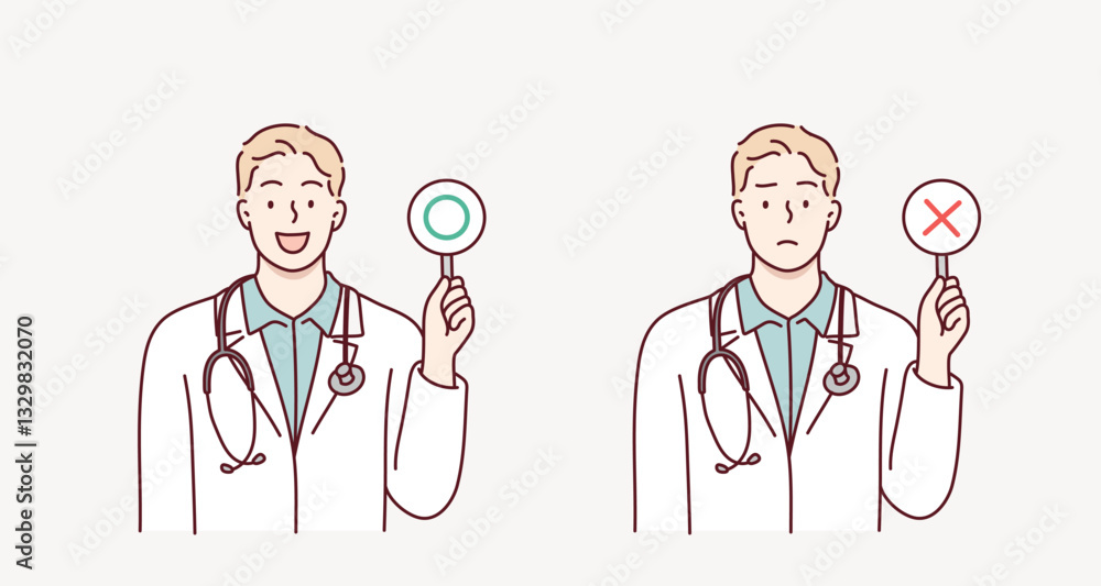 Male doctor with a right and wrong sign. Hand drawn style vector design illustrations. Male doctor with a right and wrong sign. Hand drawn style vector design illustrations.