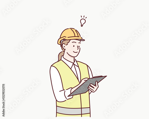 female architect engineer worker standing write business note on paper at clipboard wearing safety helmet. Hand drawn style vector design illustrations.
