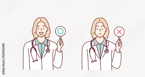 Female doctor with a right and wrong sign. Hand drawn style vector design illustrations.