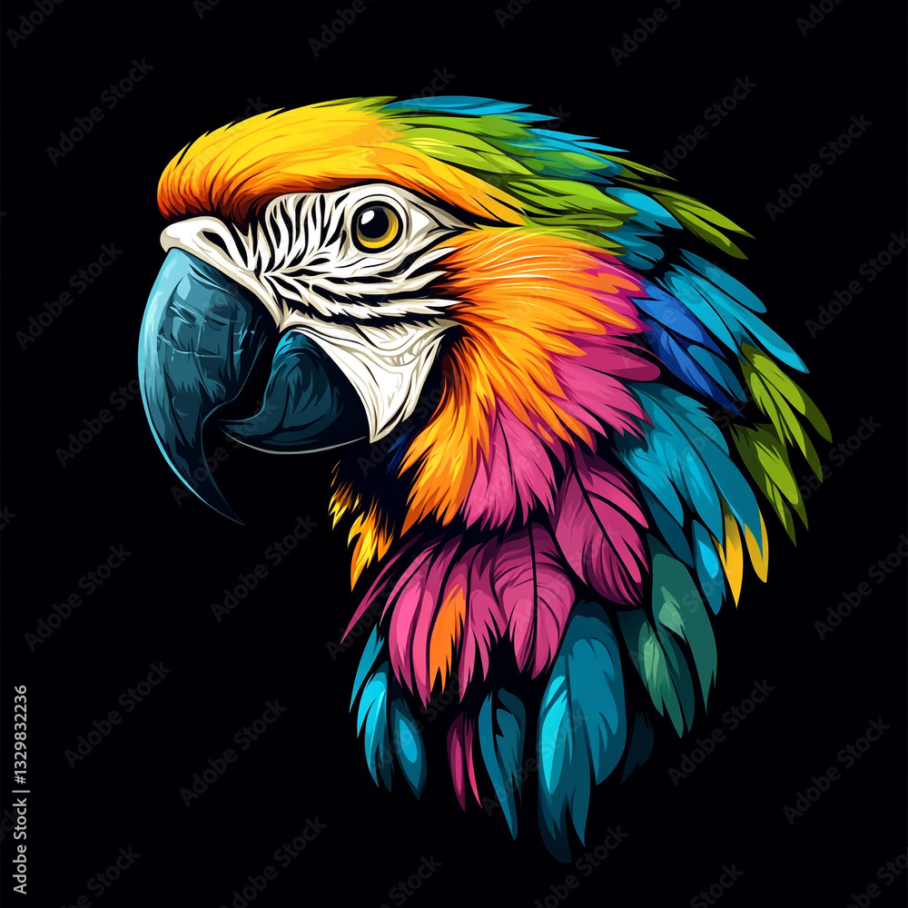 Fototapeta premium Vibrant digital illustration of a macaw head with bold colors and stylized features against a black background.