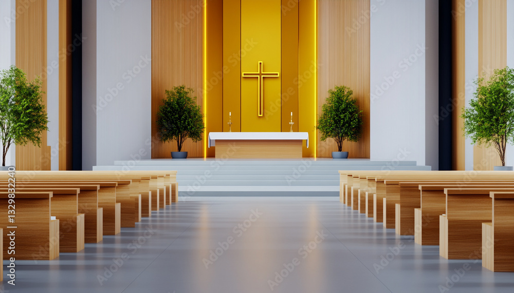 Fototapeta premium A serene interior of a modern church with wooden pews and a golden altar.