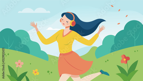 A woman dancing freely in a field her headphones in as she sways to the rhythm of her favorite song. Despite the weight of her emotional trauma the music helps her break free and. Vector illustration