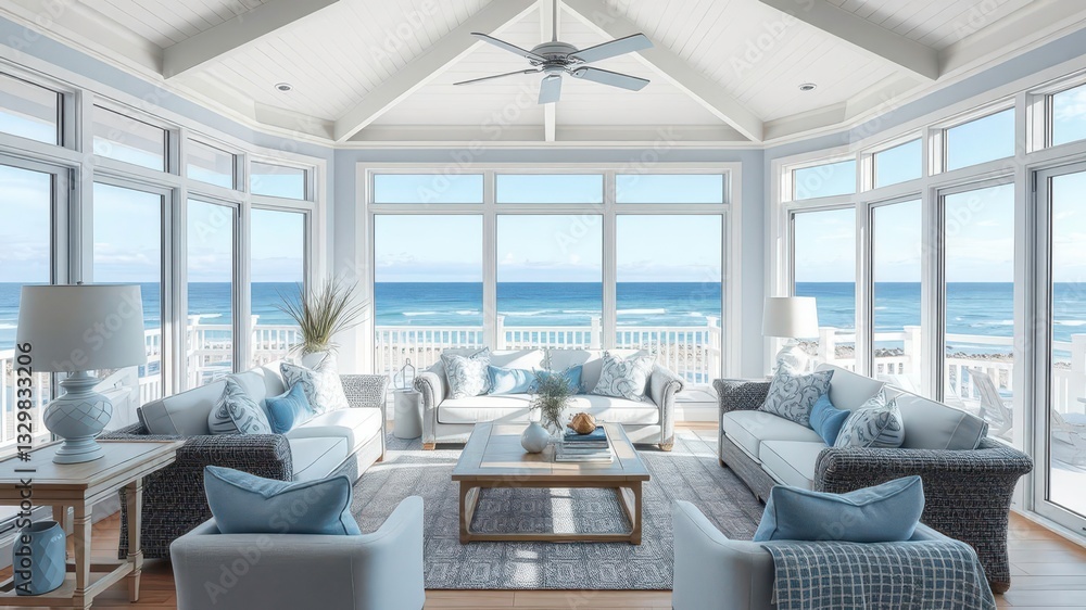 Fototapeta premium A Bright Coastal Living Room with Soft Blue and White Decor, Nautical Elements, and Expansive Ocean Views