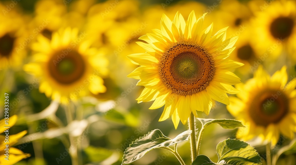 Fototapeta premium beautiful sunflower in a field of sunflowers with a ray of sunshine in the background