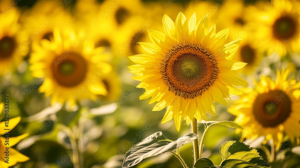 Fototapeta premium beautiful sunflower in a field of sunflowers with a ray of sunshine in the background